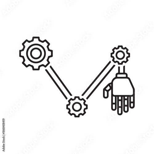 Biomechanics linear icon showing human arm with gears at joints representing physiological movement and engineering, editable stroke vector illustration
