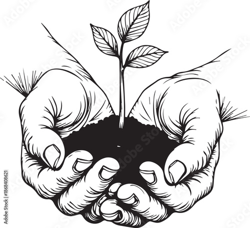 A symbolic illustration of hands cupping a nascent plant, representing growth, nurture, and the delicate balance of life, rendered in a simple yet profound black and white style.