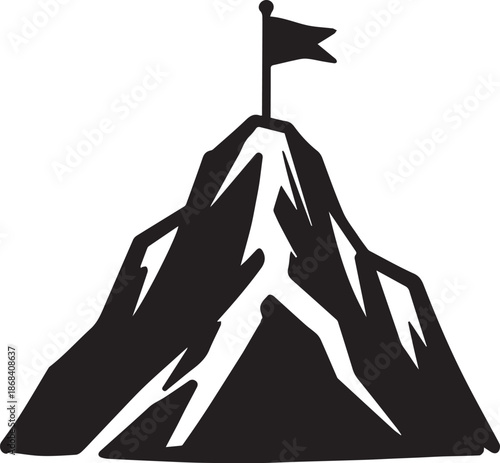 A striking silhouette of a majestic mountain, its peak adorned with a triumphant flag, symbolizing aspiration and achievement.