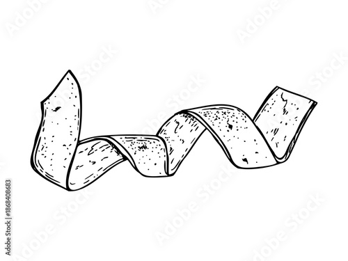 Spiral tangerine peel vector line art black ink sketch. Citrus skin in twist shape isolated illustration painted by black inks. Monochrome fruit ingredient for beverage packaging, cookbook design