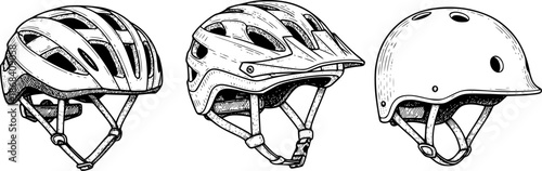 Engraved illustration of three different bicycle helmets on a white background
