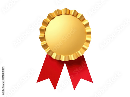 A golden medal wrapped with a red ribbon