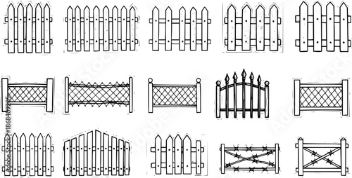 Hand-drawn fence illustrations in black and white for various design projects
