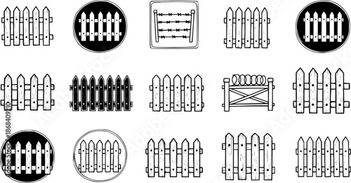 Hand-drawn fence illustrations in black and white for various design projects

