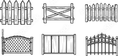 Hand-drawn fence illustrations in black and white for various design projects

