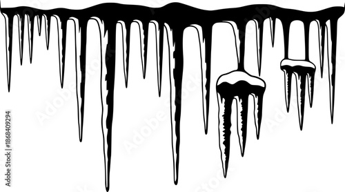 Hand-drawn illustration of icicles in various shapes and sizes against white
