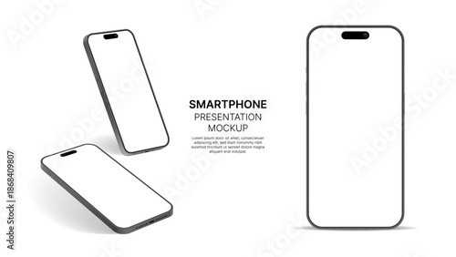 Realistic Smartphone Mockup Vector – 3D Mobile Phone Front View with Shadow, Isolated on White, High Quality UI UX Presentation