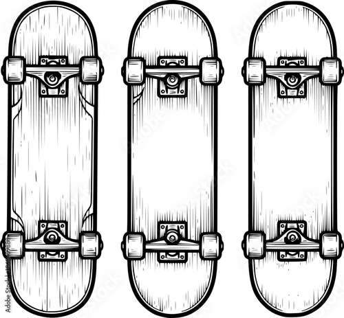 Engraved illustration of skateboards in a top-down view on a white background
