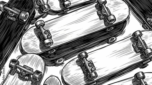 Engraved illustration of skateboards in a top-down view on a white background
