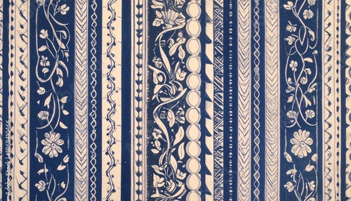Vintage floral patterns on blue and white striped fabric