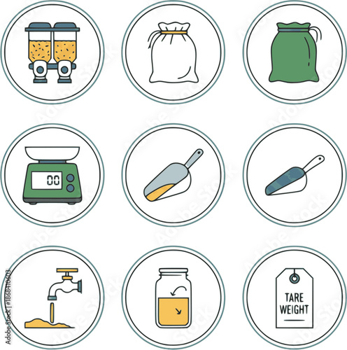 Professional bulk shopping and refill icons. Flat vector set featuring gravity bins, cloth bags, and scales. High-quality green and yellow graphics isolated on white background.