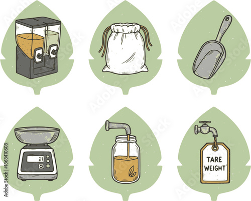 Professional bulk shopping and refill icons. Flat vector set featuring gravity bins, cloth bags, and scales. High-quality green and yellow graphics isolated on white background.