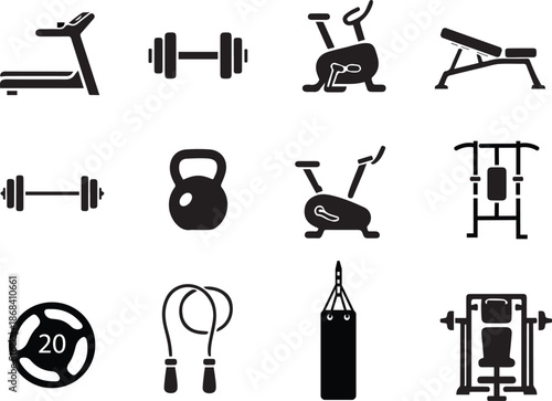 Gym Fitness Equipment Black Icon Set.