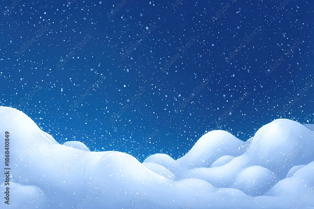 Naklejka premium Snow falls on soft clouds under a blue sky during winter in a quiet scene at evening