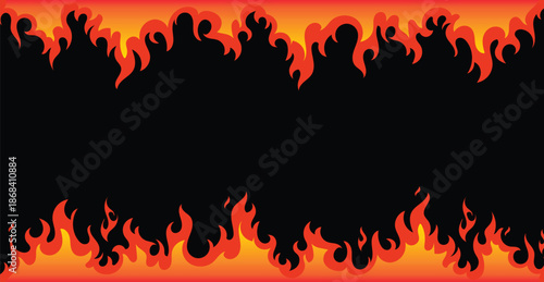 Black flame border forming a horizontal fiery frame with bright orange fire on top and bottom. Bold abstract illustration with central copy space for banners, posters, gaming graphics, marketing 