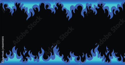 Black flame frame forming a fiery border on a blue gradient background with empty center space. Dramatic abstract illustration for posters, banners, gaming graphics, branding, and digital marketing.