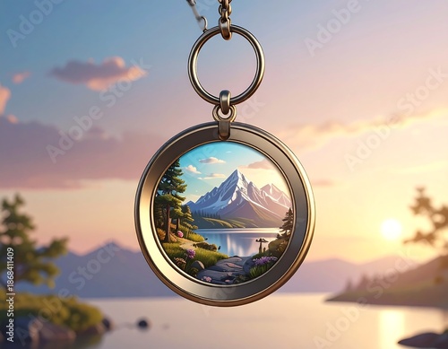 A golden pendant showcases a serene landscape with mountains, a lake, and a vibrant sunset background, suspended by a chain