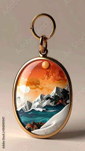 A golden pendant showcases a miniature scenic landscape with a sunset, mountains, and stylized water. The setting is oval