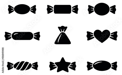 Simple silhouette candy set featuring various wrapped shapes like heart and star for confectionery design