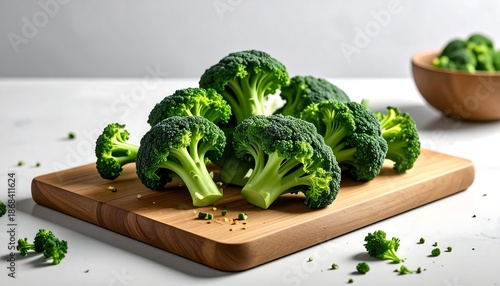 Fresh Broccoli on Wooden Cutting Board.