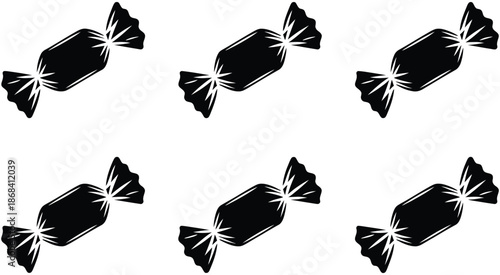 Set of minimalist black wrapped hard candy silhouette vector icons, vector illustration collection for sweets, desserts, bakery products, candy shop branding, menu graphics, and modern culinary design
