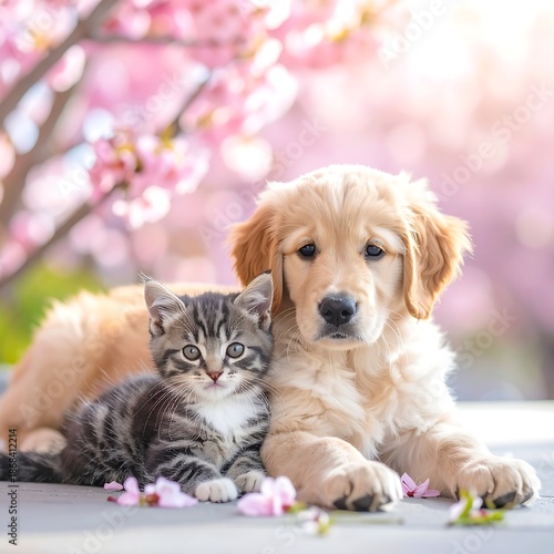 A golden puppy cuddles a kitten, blossoms overhead. Their warm expressions and soft fur create a heartwarming scene. The lighting is soft and bright