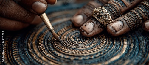 Close-up of a hand with a brush, creating intricate golden patterns