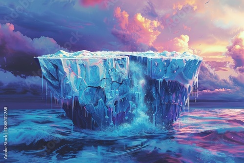 Majestic iceberg against vibrant sunset sky