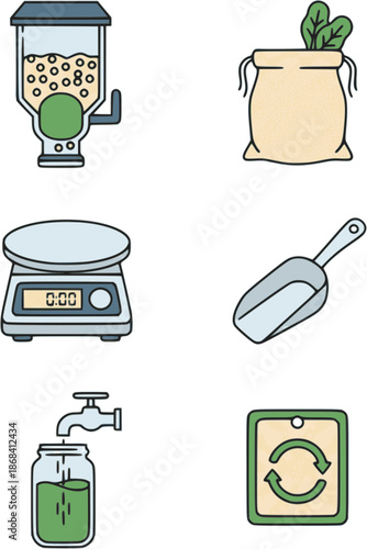 Professional bulk shopping and refill icons. Flat vector set featuring gravity bins, cloth bags, and scales. High-quality green and yellow graphics isolated on white background.