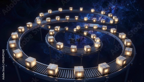 Cardboard boxes illuminated from within move along a spiral conveyor belt through deep space