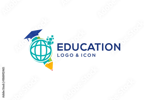 vector design of technology education icon logo, combination of pencil with graduation cap and globe with pixel.