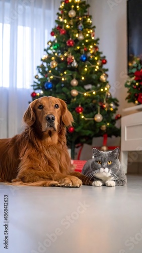 A golden retriever and a gray cat sit in front of a brightly decorated tree, with colorful ornaments. Festive atmosphere