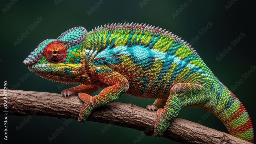 Fototapeta premium Colorful chameleon perched on branch against dark background