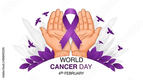World cancer day awareness ribbon and hands