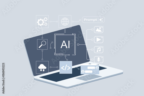 Laptop displaying generative AI interface with video, image, music, and coding icons. Flat vector illustration of artificial intelligence software and prompt engineering.