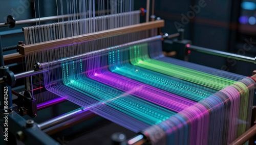 Advanced loom weaving multicolored threads illuminated with glowing digital data streams