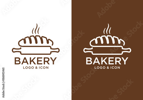 Bread logo icon vector with rolling pin. Food logo vector design.