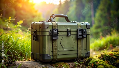 Military Equipment Box in Forest Setting.