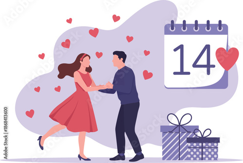 A romantic illustration depicting a couple dancing with hearts and a calendar marking february fourteenth on transparent background high-quality professional