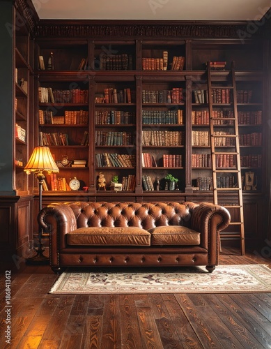 A classic library with a leather sofa, extensive wooden bookshelves, and a warm lamp.