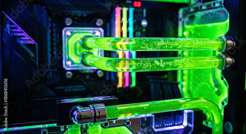 Quadro su tela Custom Gaming PC Water Cooling System with Green Liquid Pipes