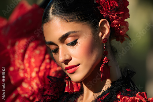Detail of a flamenco woman wearing a red flamenco dress with ruffles and roses in her hair