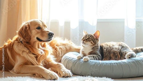 A golden retriever and tabby cat share a cozy moment. Sunlight streams in, illuminating the pets on a soft bed