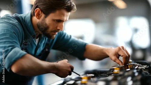 Automotive technician carefully repairing adjusting vehicle headlight faceless professional defocused professional garage background maintenance service scene mechanical precis