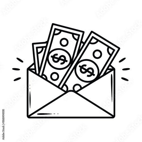 Cash money bills in an open envelope with dollar signs