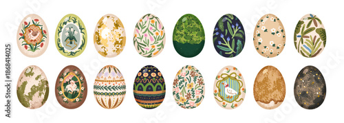 Easter eggs set. Hand-painted dyed decorated religious symbols with floral, geometric, gold patterns, bunny and chicken drawings, decorations. Flat vector illustrations isolated on white background.