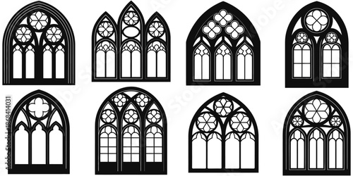 Set of gothic window frames silhouette vector illustration, collection of medieval and cathedral-inspired architectural designs, decorative frames, arched windows, church motifs, and high ranking 