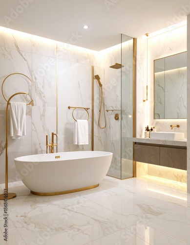A luxurious modern bathroom interior featuring a freestanding tub, walk-in shower, and elegant marble finishes.