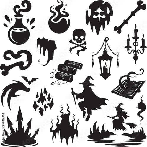 Black Halloween icons and symbols on white background