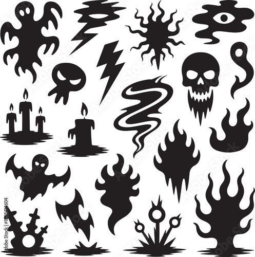 Black halloween icons on white background